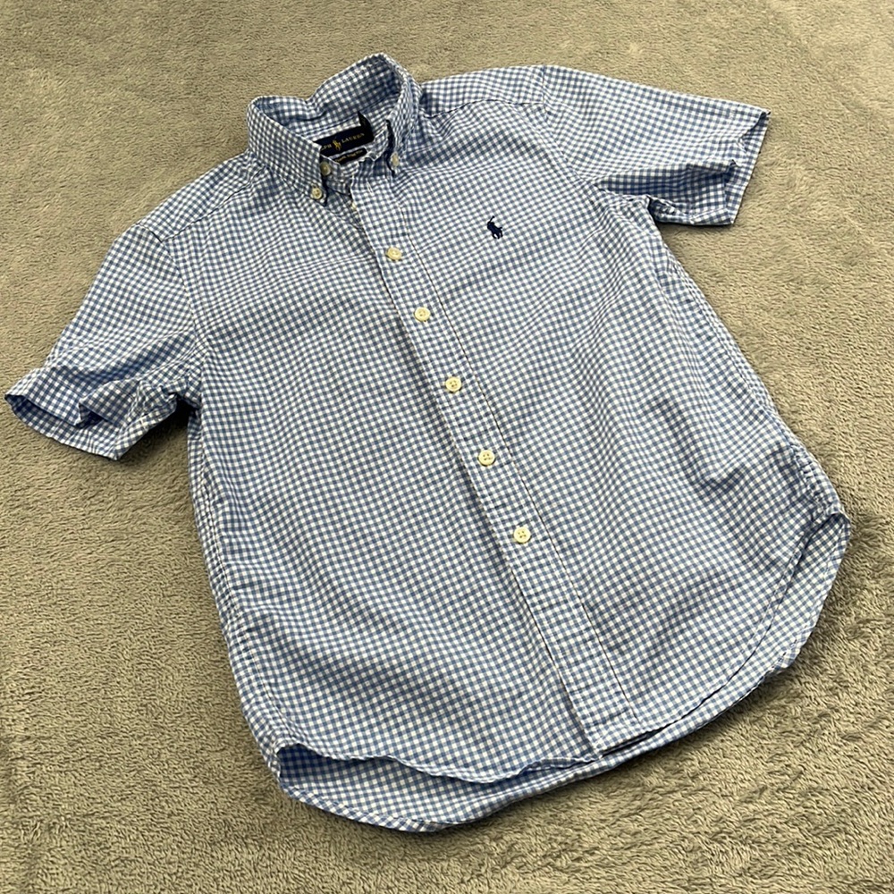 Ralph Lauren 8 Boys Blue White 100% Cotton Short Sleeve Button Down Shirt